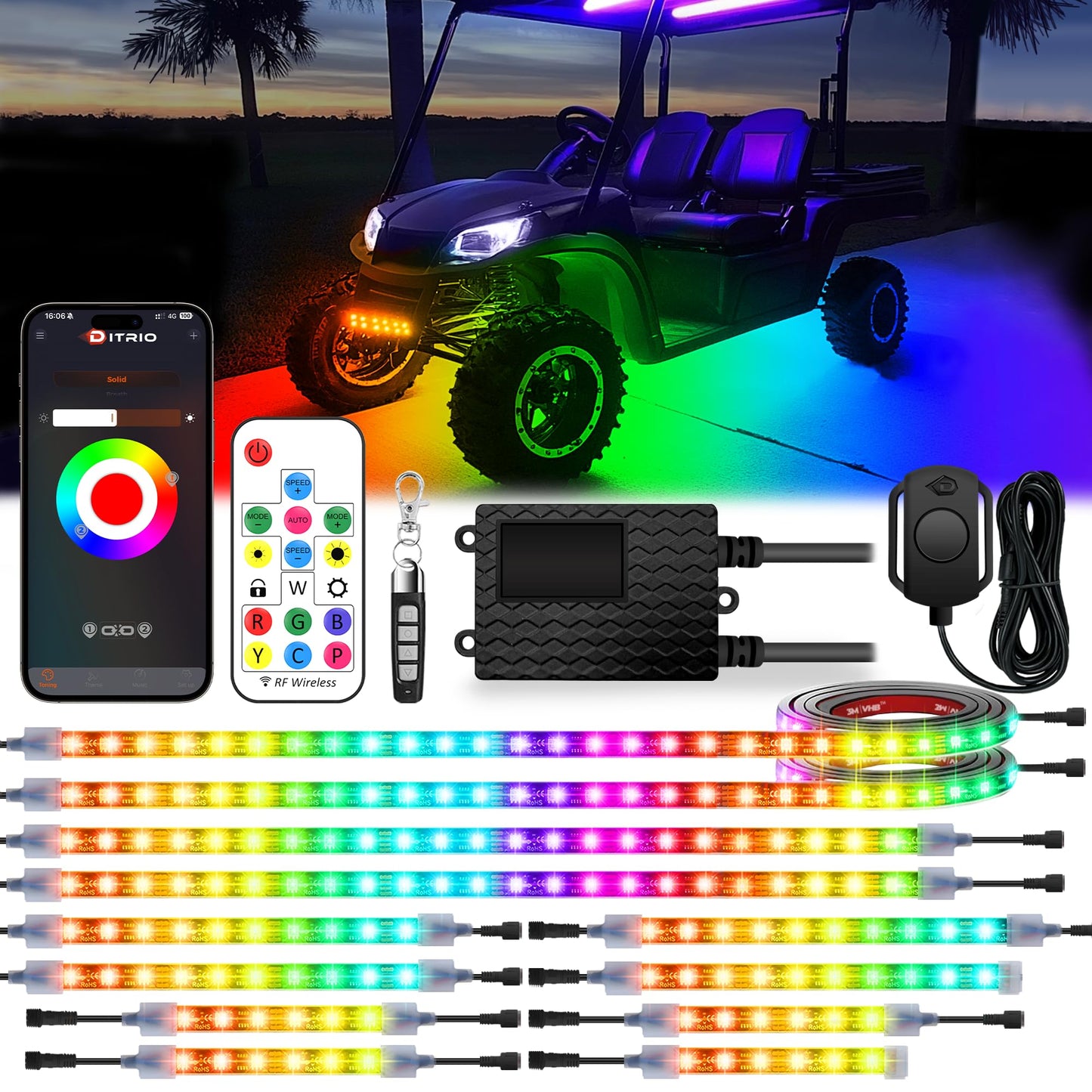 12pcs Golf Cart Lights with 12V-72V Voltage Reducer, RGB Led Underglow Light Kit with 2 Remotes and App Control, Waterproof, Sound Active, Battery Drain Protect Kill Switch Golf Cart Light