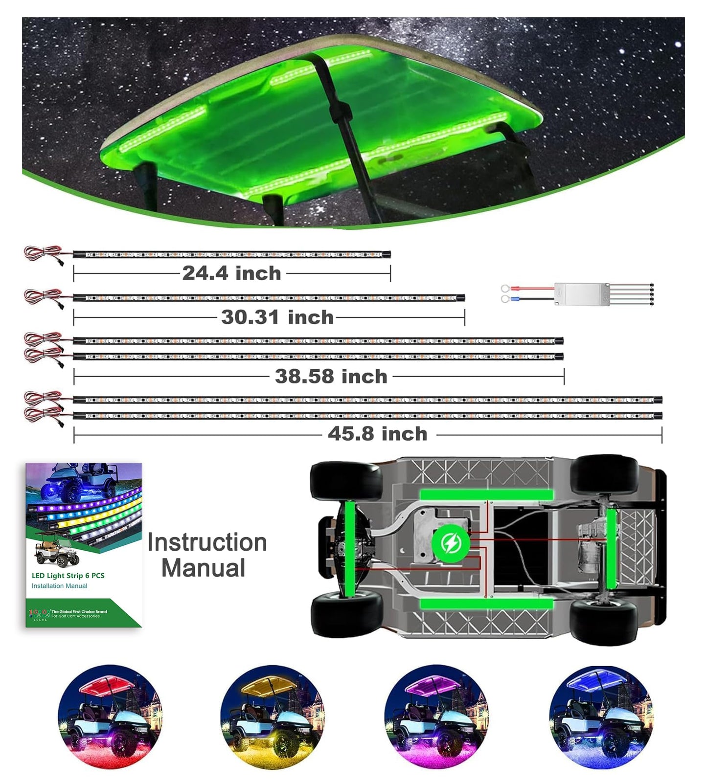 10L0L 6PCS Golf Cart Underbody Light Kit with Canopy Lights, Underglow LED Strip for Yamaha EZGO Club Car, 24 Modes Multicolor RGB Music Sync IP67 Waterproof