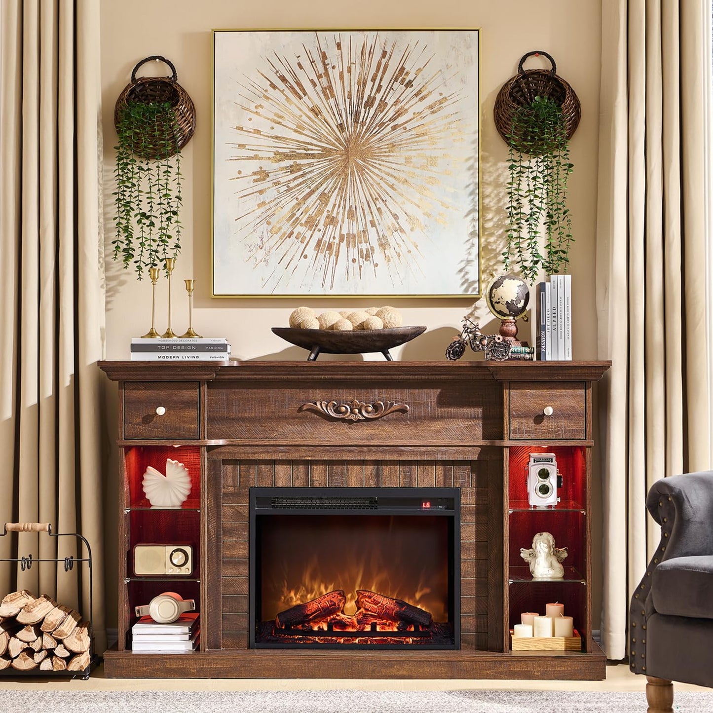 IFBUY 54" Farmhouse Electric Fireplace TV Stand for 60 Inch TV, 33" Tall LED Entertainment Center w/7 Color, Open Adjustable Shelves & Drawers, 23'' Fireplace Insert Heater for Living Room, Brown