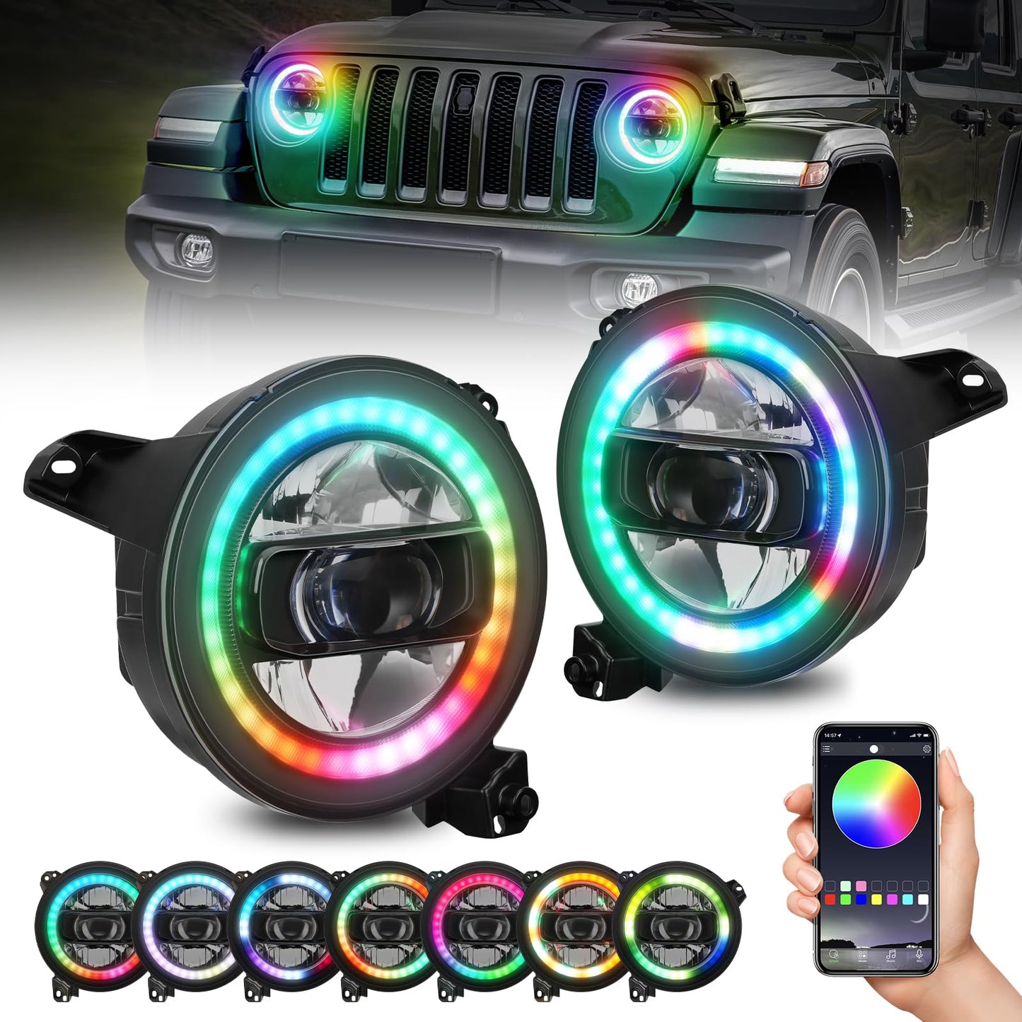 CAFOPAR 9 Inch RGB LED Headlights, DOT RGB Halo Headlight fit for 2018-2025 Wrangler JL Gladiator JT Sahara Rubicon Headlight Replacemant