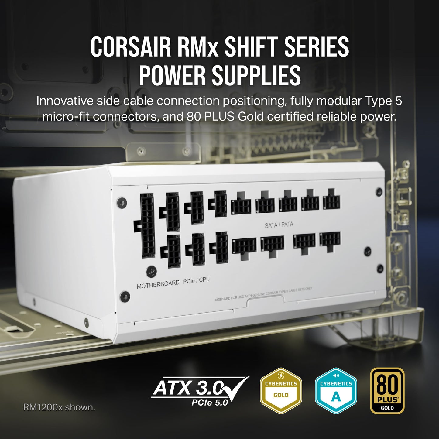 CORSAIR RM1000x Shift Fully Modular ATX Power Supply - 80 Plus Gold - ATX 3.1 - PCIe 5.1 - Zero RPM - Modular Side Interface - White