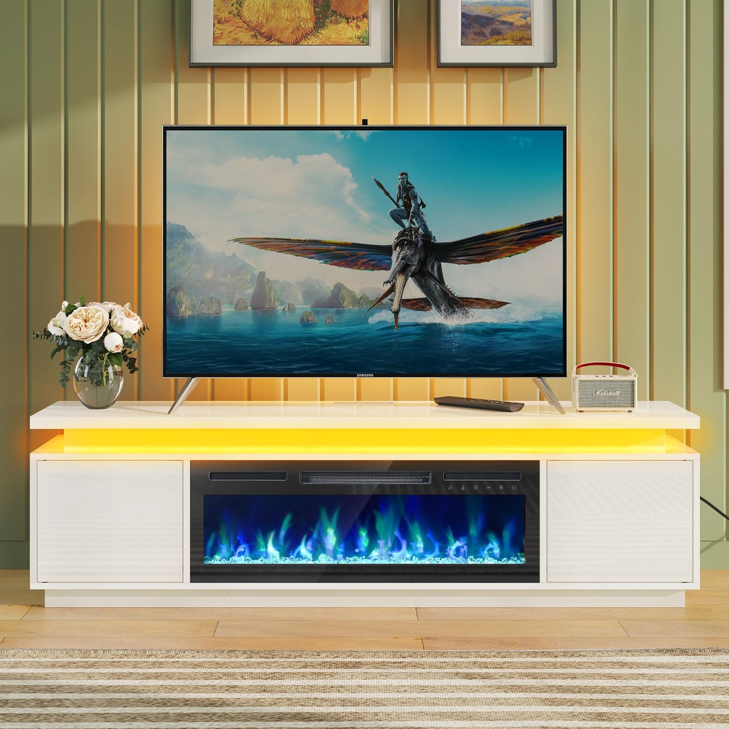 Rolanstar Fireplace TV Stand with Led Lights and Power Outlets, TV Stand Mount with 36" Electric Fireplace, White Entertainment Center for 45/50/55/60/65/70 inch TVs, Modern TV Console for Living Room
