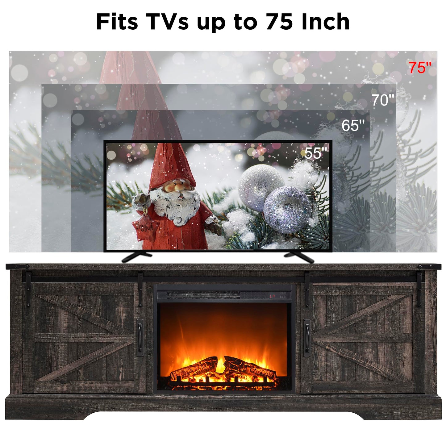 OKD Fireplace TV Stand for 70 75 Inch TV, 66 Inch Farmhouse Entertainment Center with 23" Electric Fireplace, Remote Control, Large Rustic Media Console Cabinet with Sliding Barn Door, Dark Rustic Oak