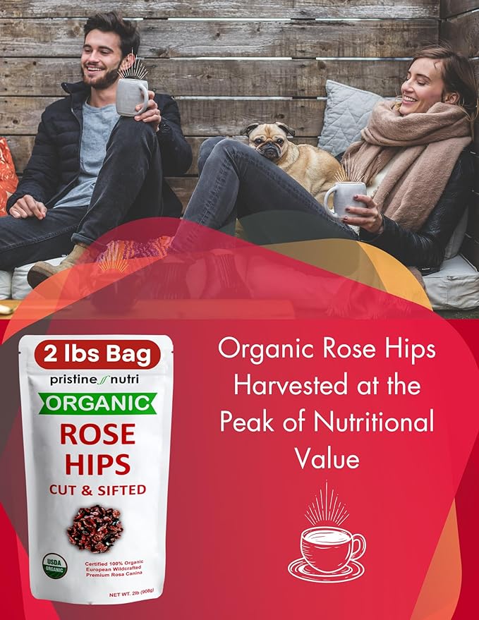 2 lb (32 oz) Rose Hips Dried Organic Bulk, Organic Rosehips Cut & Sifted, 95% Seedless, European All Natural, Rosehips Dried Organic Bulk, Makes 140 Cups of Vitamin C Rich Tea (packaging may vary)