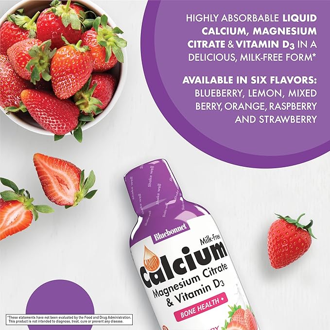 Bluebonnet Nutrition Liquid Calcium Citrate Calcium Citrate, Magnesium Citrate, Vitamin D3, Bone Health, Gluten Free, Soy Free, Milk Free, Kosher, 32 Servings, Strawberry Flavor, 16 Fl Oz (Pack of 1)
