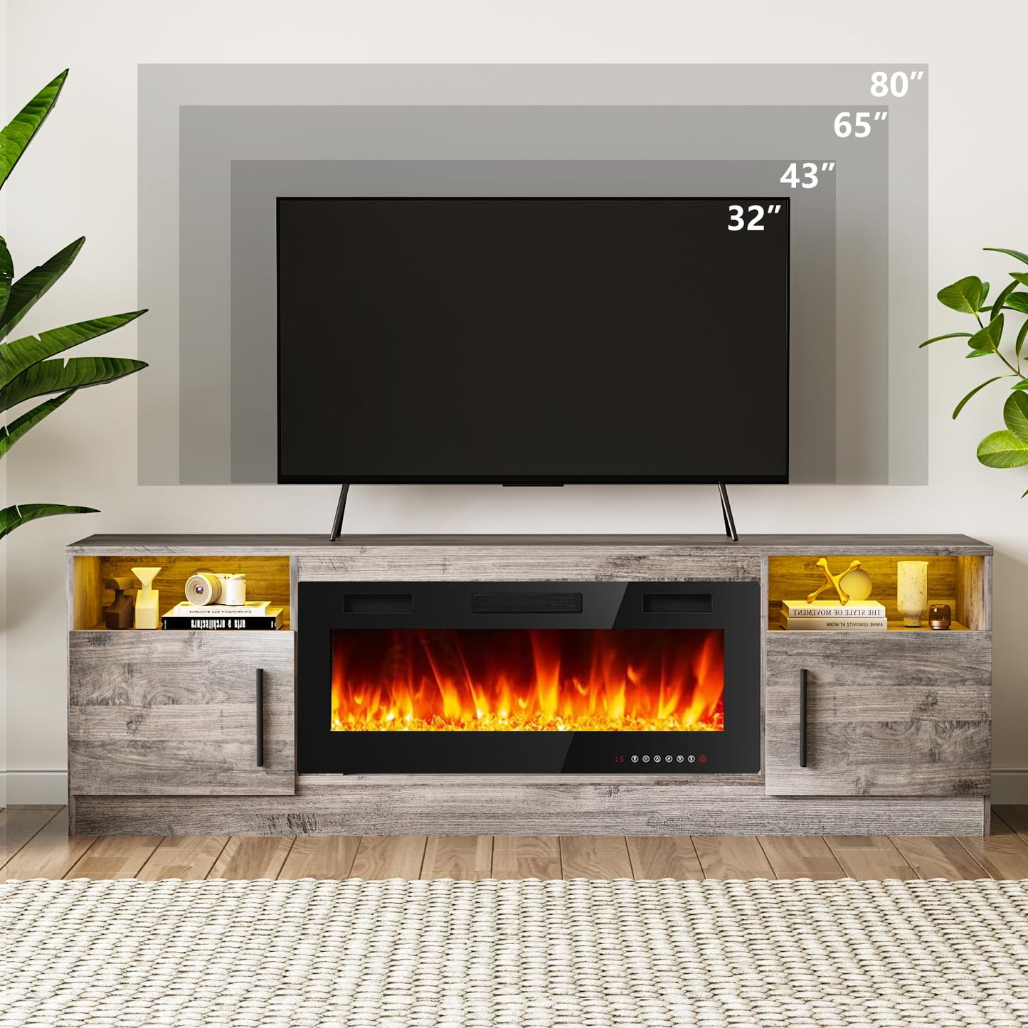 Tavata Fireplace TV Stand Entertainment Center with 36" Fireplace, 70" Wooden TV Stand for TVs Up to 80",Media TV Console with High Gloss Storage Cabinet and 16 Colors LED Lights (Gray)
