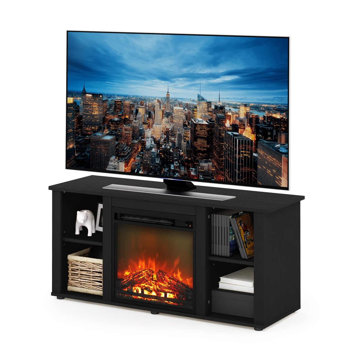 Furinno Jensen Entertainment Center Stand with Fireplace for TV up to 55 Inch, Americano, Corded Electric, Adjustable