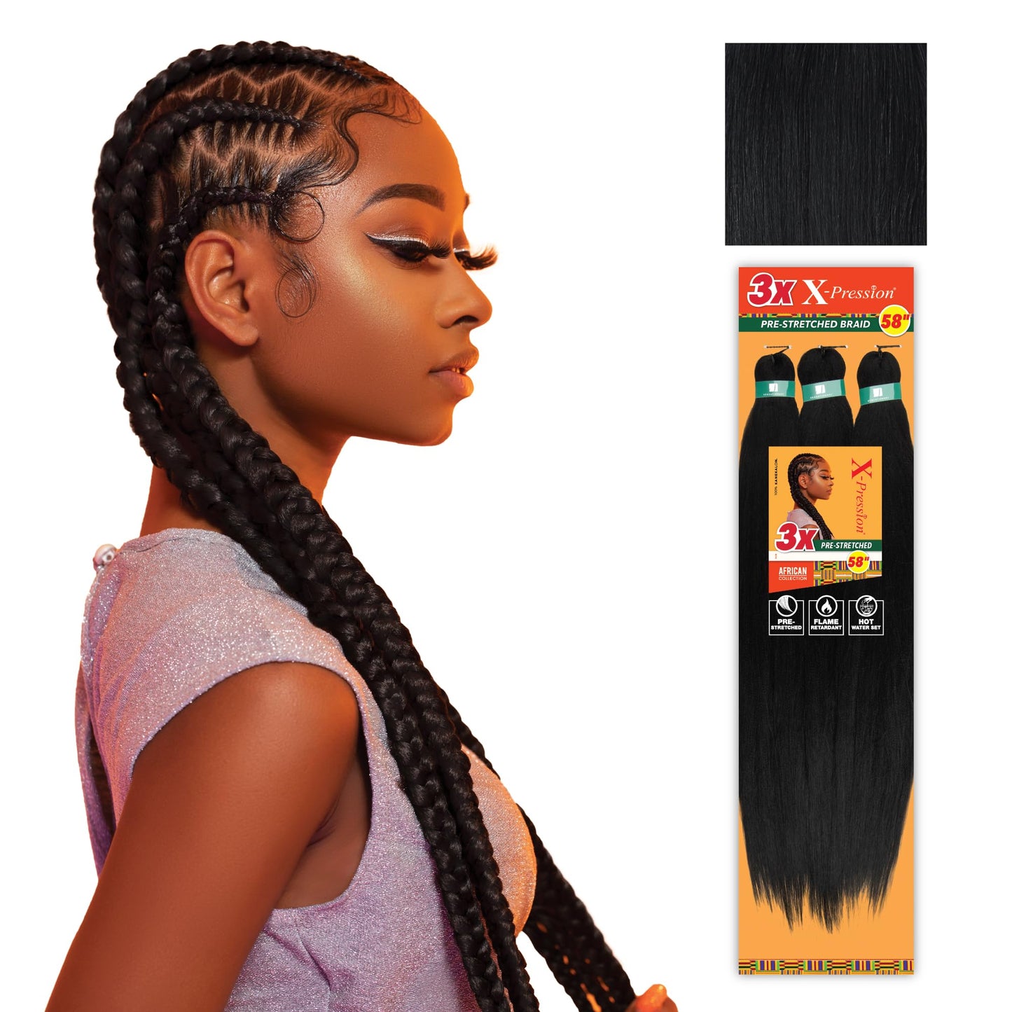 Sensationnel X-pression prestretched braiding hair - 3x braid 58 inch all kanekalon flame retardant synthetic braid for box braids and twists (1 pack, 1 JETBLACK)