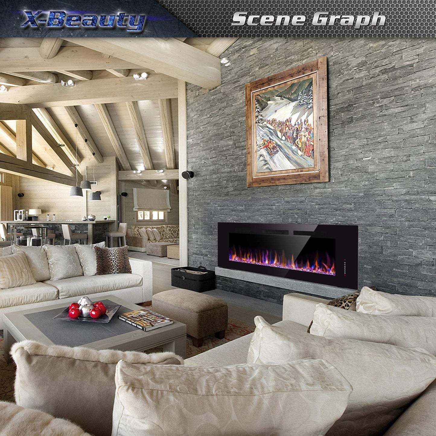 50" Electric Fireplace in-Wall Recessed and Wall Mounted 1500W Fireplace Heater and Linear Fireplace with Timer/Multicolor Flames/Touch Screen/Remote Control (Black)