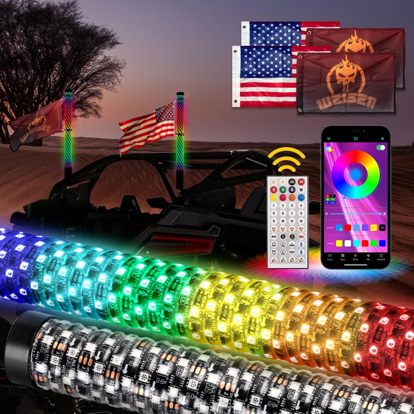 WeiSen 2PCS 3FT LED Whip Light w/Brake Turn Reverse Lights, RGB LED Antenna Spiral Light w/Plug & Play Adapter Compatible with Polaris RZR Maverick X3 UTV ATV Golf Cart Truck