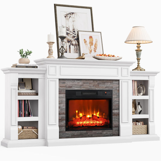 72" Electric Fireplace with Mantel, Fireplace TV Stand for TVs Up to 80 Inch, Modern Entertainment Center with Storage, Realistic Stacked Stone Surround with Remote Control for Living Room, Bedroom