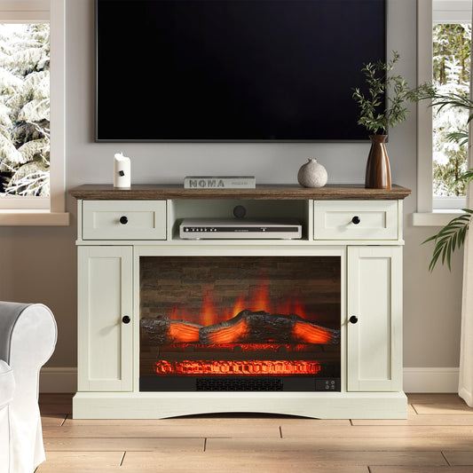 RoyalCraft Fireplace TV Stands with for TVs up to 55'', Media Console Table with Adjustable Shelves, Double-Door Design, Entertainment Center for Living Room, White and Rustic Oak