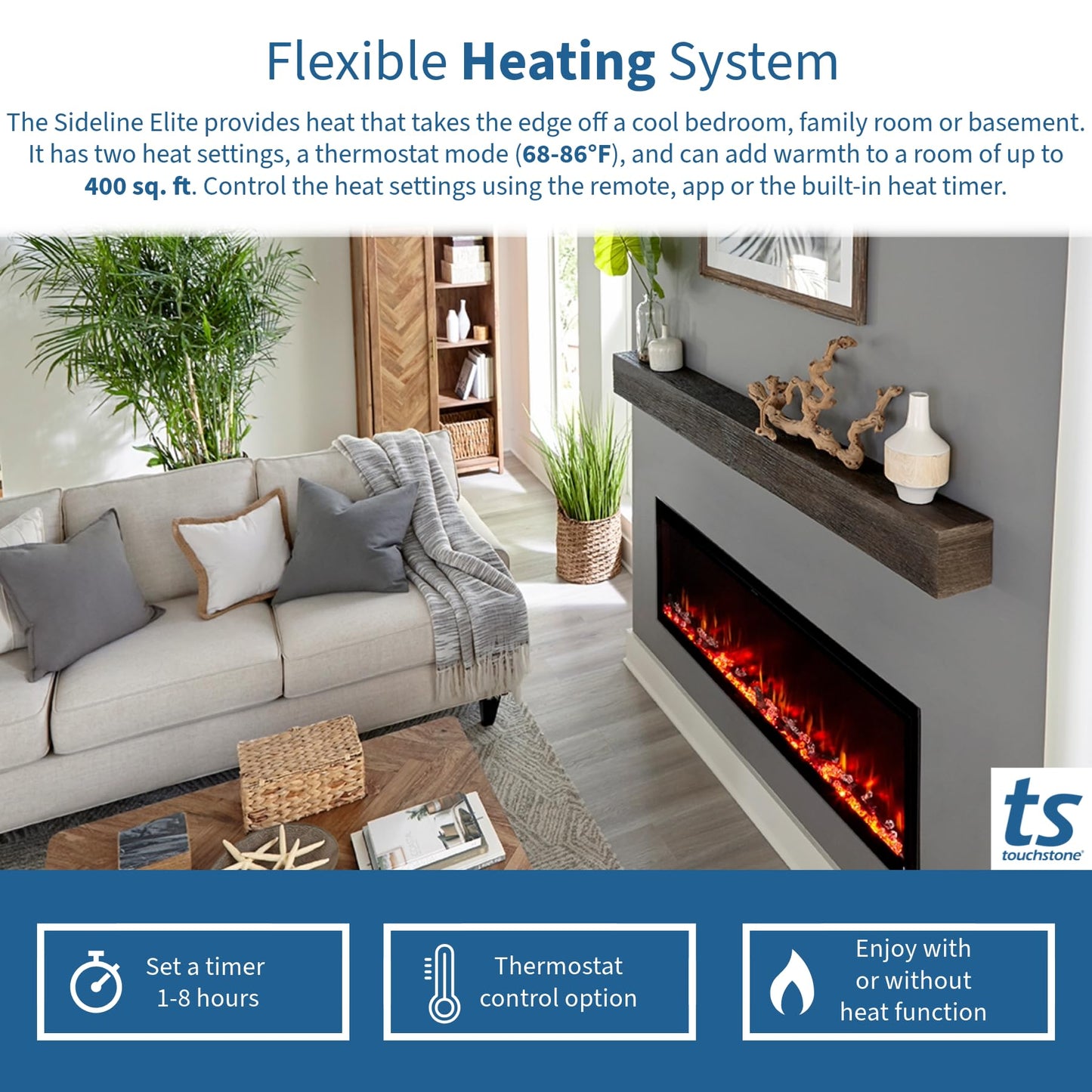 Touchstone Sideline Elite Smart 60” WiFi-Enabled Electric Fireplace - in-Wall Recessed - 60 Color Combinations - 1,500W Heater - Black - Log, Crystals & Driftwood - 80037