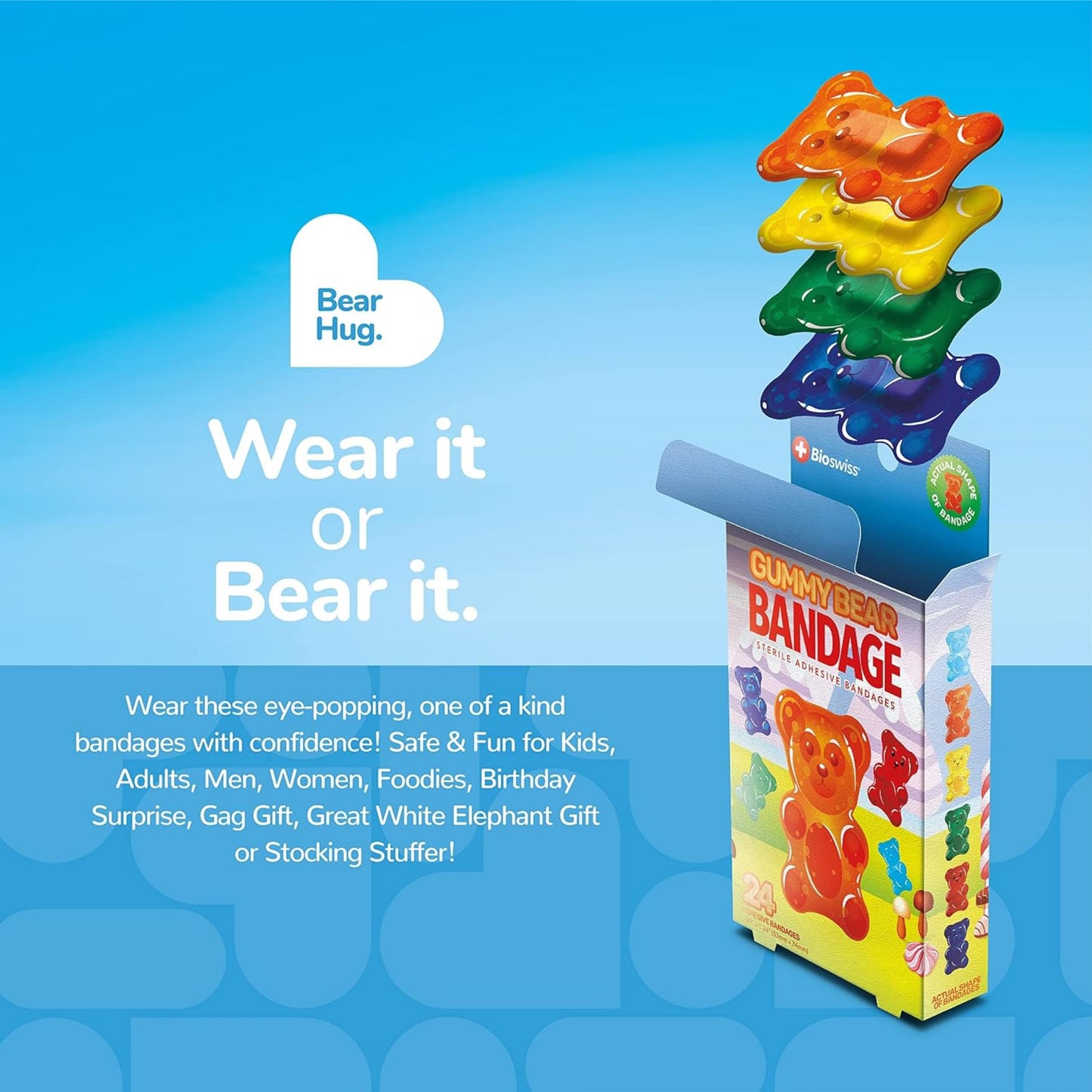 BioSwiss Bandages, Gummy Bear Shaped Self Adhesive Bandages, Latex Free Sterile Wound Care, Fun First Aid Kit Supplies for Kids, 24 Count