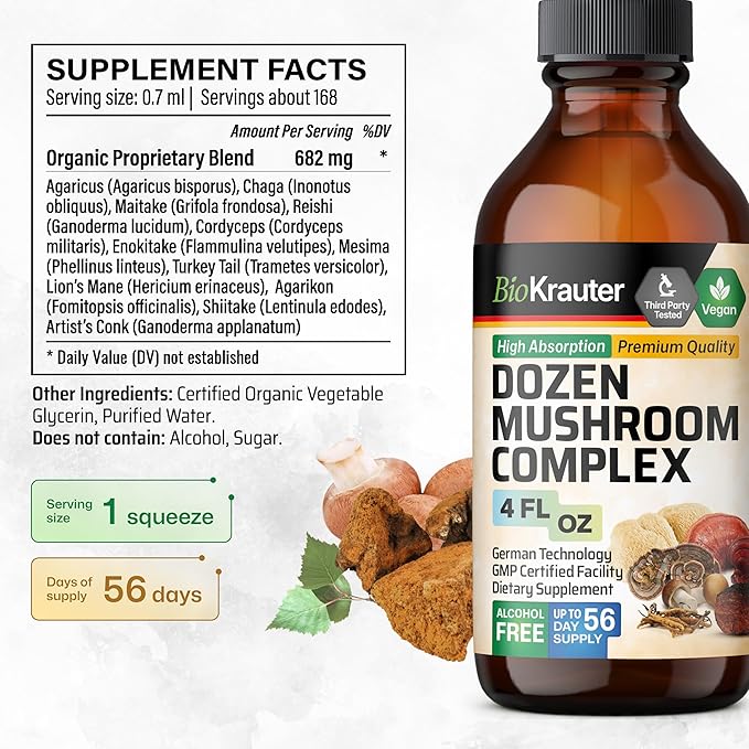 BIO KRAUTER Dozen Mushroom Tincture - Immune Support Supplement Drops - Promotes Digestive & Cognitive Support - Non-GMO, Liquid Immunity Defense Formula - 4 fl. oz Bottle