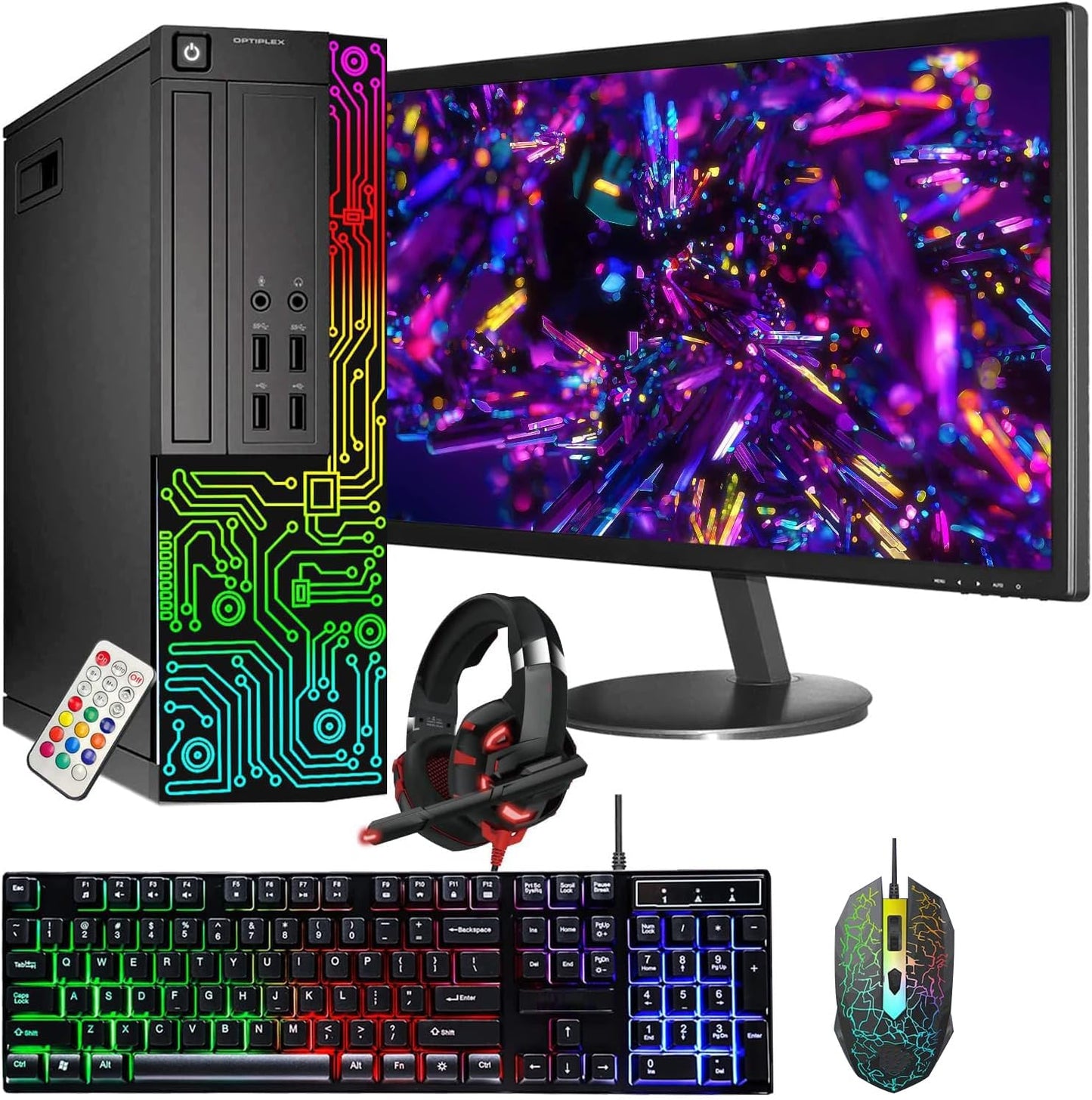 Dell Optiplex Small Desktop Computer (SFF) PC | Quad Core Intel i5 (3.2GHz) | 16GB DDR3 RAM | 512GB SSD | 24 Inch Monitor | RGB Gaming Keyboard & Mouse, Headset | Windows 10 Pro (Renewed)