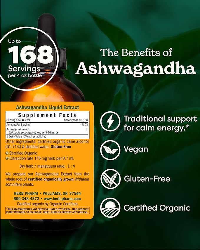 Herb Pharm Certified Organic Ashwagandha Extract for Energy and Vitality, Organic Cane Alcohol, 4 Ounce