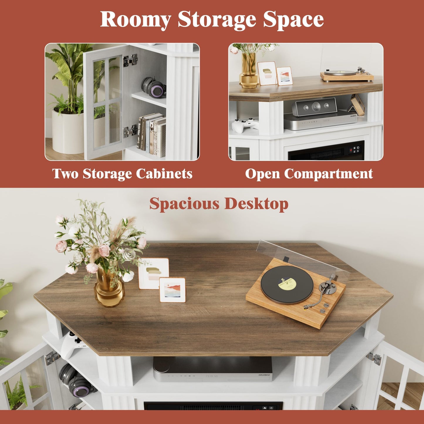 Furmax Fireplace Corner TV Stand for TV Up to 55 Inch, Modern TV Console with 18 Inch Electric Fireplace, Entertainment Center with Open Shelf and Storage Cabinets for Living Room, Antique White