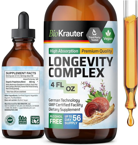 BIO KRAUTER Longevity Mushroom Supplement - Liquid Reishi Mushroom Complex with Goat’s Rue & Red Ginseng Root Extract - Vegan Tincture - Alcohol & Sugar Free Drops 4 Fl.Oz.