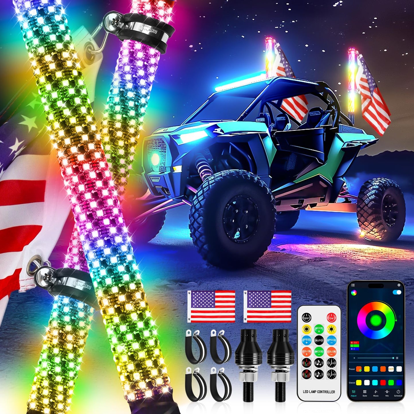 DREAMOTOR Whip Lights, 2Pcs 3FT Fat Spiral RGB LED Whip Lights for Side by Side with Wireless Remote and APP Control, RGB Chasing Lighted Antenna Whips for UTV ATV Truck Polaris Dune Buggy RZR Can-Am
