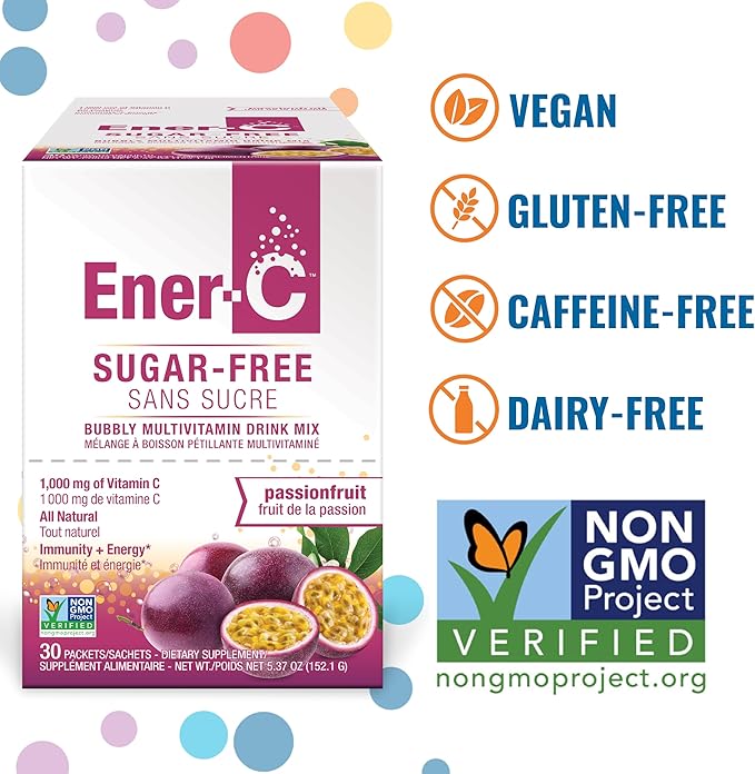 Ener-C Sugar Free Energy Passion Fruit Multivitamin Drink Mix Vitamin C 1000mg & Electrolytes - Natural Immunity Support with Real Fruit Juice Powders - Non-GMO Vegan & Gluten Free - 30 Count