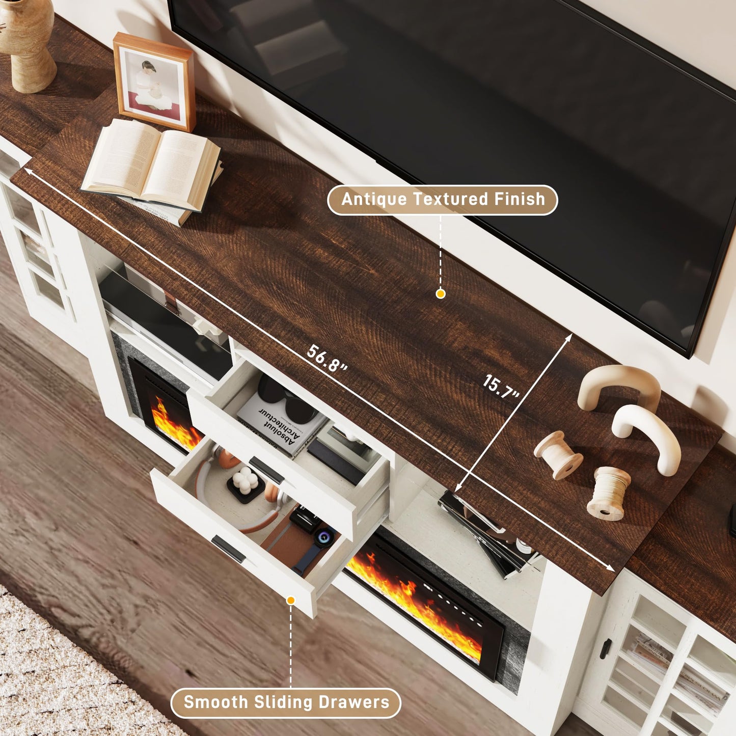 85" Electric Fireplace with Mantel, Fireplace TV Stand w/42 Electric Fireplace for 65 Inch TVs with Power Outlets, Farmhouse Entertainment Center with Storage for Living Room, Bedroom, Antique White