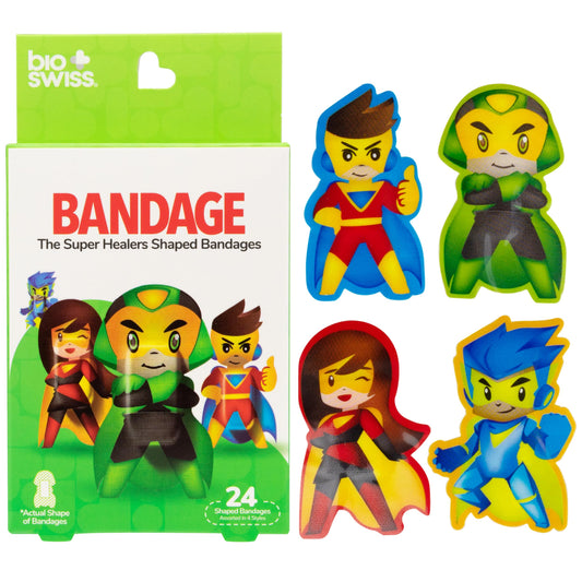 BioSwiss Bandages, Super Healers Superhero Shaped Self Adhesive Bandage, Latex Free Sterile Wound Care, Fun First Aid Kit Supplies for Kids and Adults, 24 Count