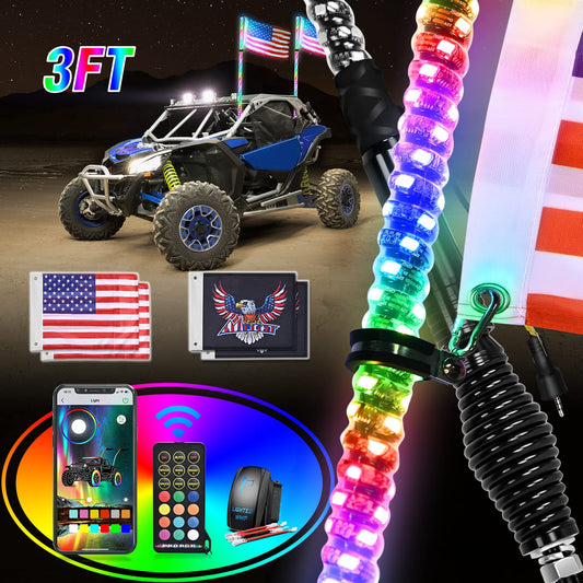 Nilight 2PCS 3FT RGB LED Whip Light with Spring Base Remote App Control w/DIY Chasing Patterns Turn Signal & Brake Lights for ATV UTV Polaris RZR Can-am Dune Buggy Jeep