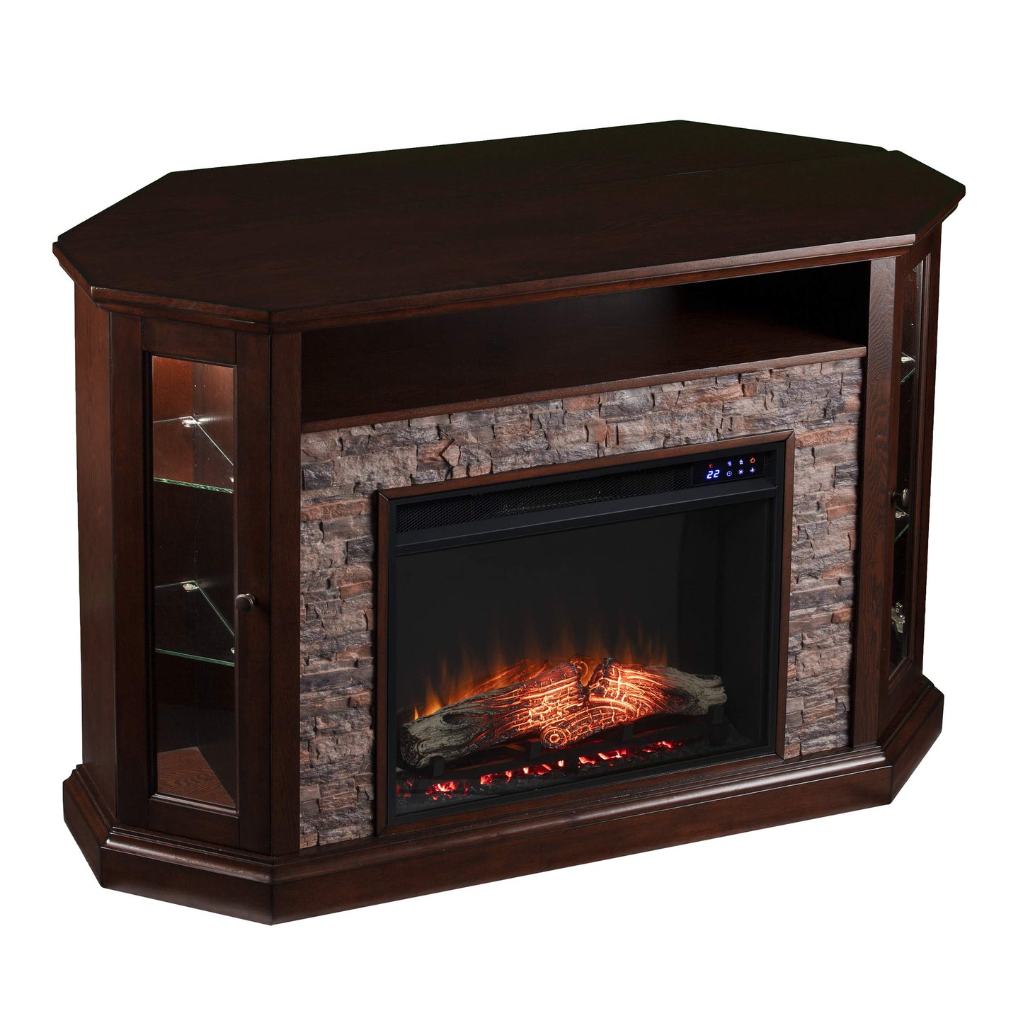 SEI Furniture Redden Faux Stone Corner Convertible Electric Fireplace with Media Storage, New Espresso