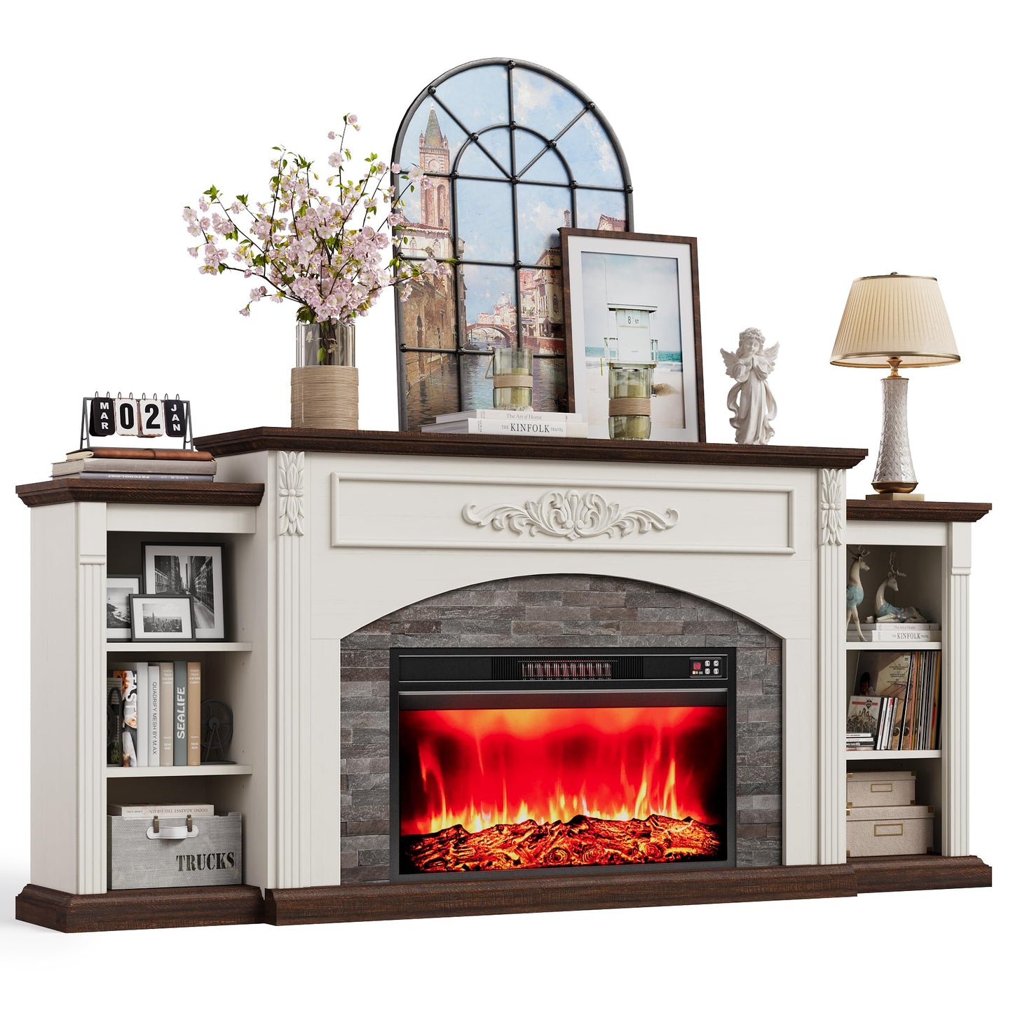 80" Electric Fireplace with Mantel, Fireplace TV Stand for TVs Up to 90",Modern Entertainment Center with Realistic Stacked Stone Surround,Wooden Carved Decorative Mantel, Ideal for Living Room