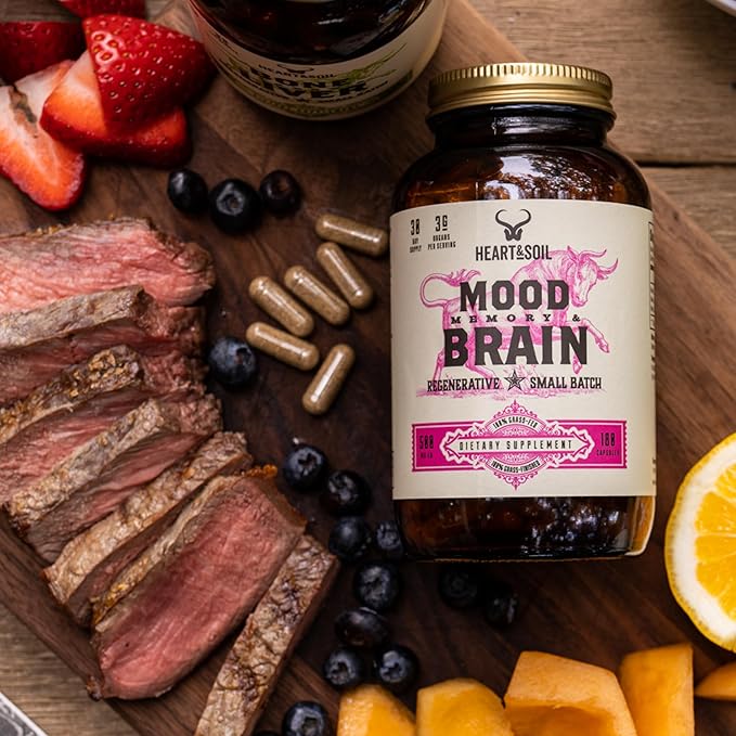 HEART & SOIL Grass Fed Beef Brain Supplement – 3000mg Brain Supplements for Memory and Focus with DHA, EPA, Choline, B12, Folate, Riboflavin, Selenium & Copper - Non-GMO, Allergen-Free - 180 Capsules