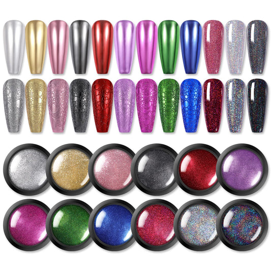 Born Pretty Mirror Chrome Nail Powder Set 12 Colors Metallic Mirror Effect Nail Powder Holographic Aurora Chameleon Pigment For