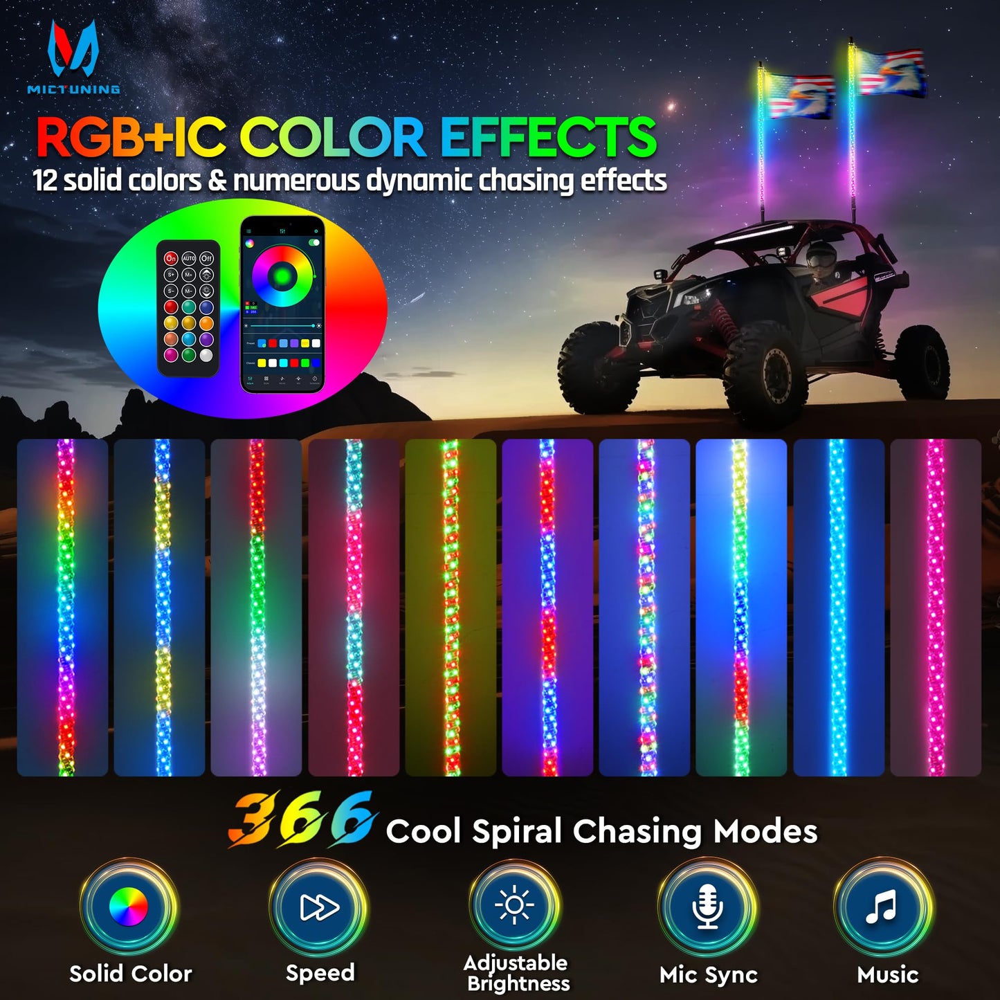 MICTUNING 2pc 3ft Spiral LED Whip Lights with 8 Flags, RF Remote and App Control, RGB Chasing Lighted with Rocker Switch, Music Synced Whips Lights Kit for UTV ATV Polaris RZR Can-Am
