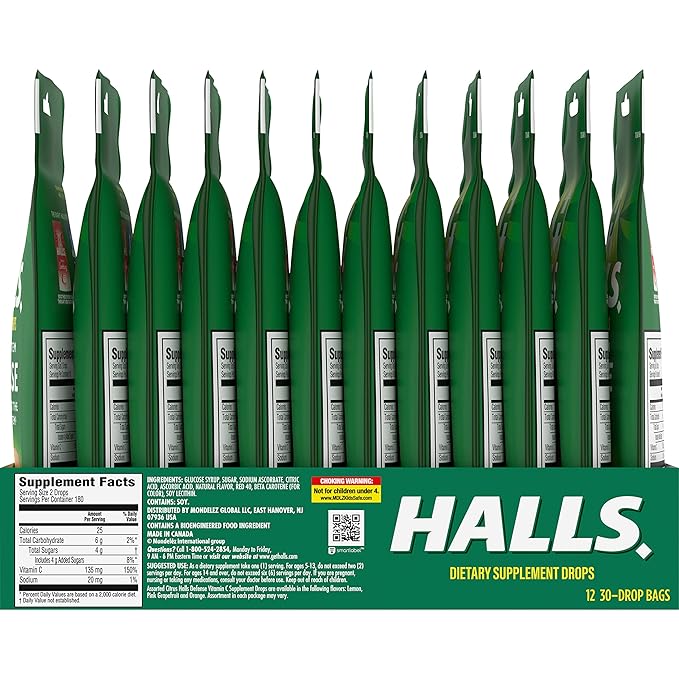HALLS Defense Assorted Citrus Vitamin C Drops, Dietary Supplement Drops, 12 Bags of 30 Drops (360 Total Drops)