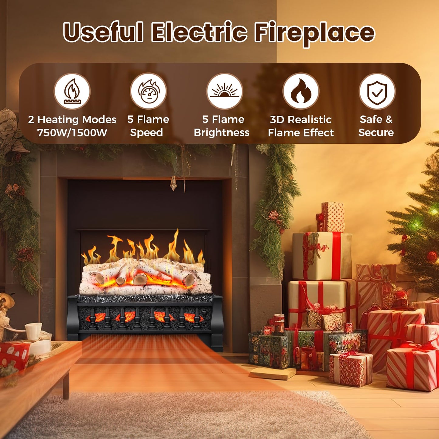 21 Inches Electric Fireplace Insert Log Heater, 5 Flame Brightness, Multiple Flicker Speed, 750w/1500w Heating, Remote Control, Auto Shut Off