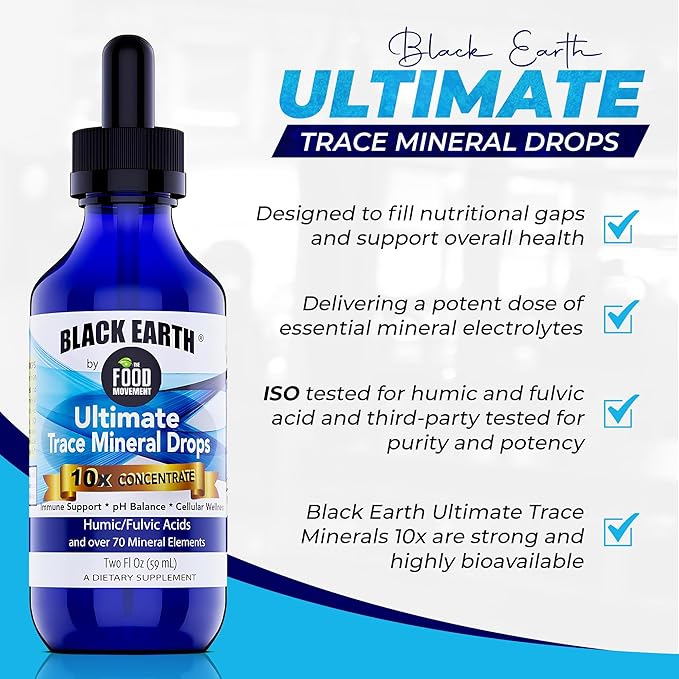 Black Earth Ultimate Trace Minerals 10x Strength, Fulvic Acid & Humic Acid, Non GMO Vegan 2 Ounce Dropper - Ideal Supplement for Athletes