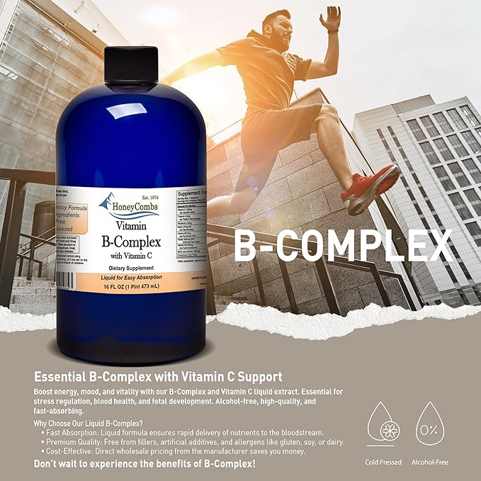 HoneyCombs Vitamin B Complex Drops – Liquid Supplement with Vitamin B1, B2, B3, B5, B6, B7, B9, B12 & Vitamin C – Super B Complex Vitamins – Alcohol-Free Liquid Vitamin Supplement, 16 Fl Oz.