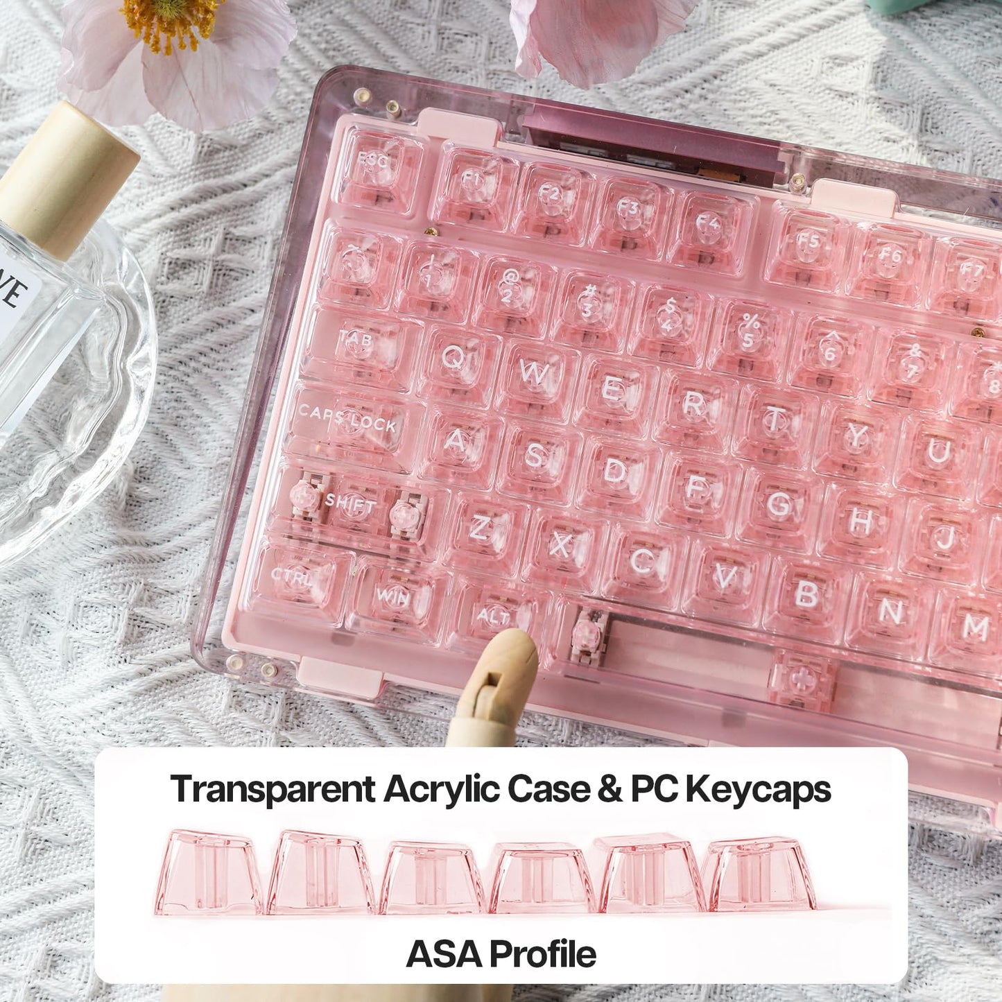 KiiBoom Phantom 81 75% Transparent Mechanical Gaming Keyboard, Hot Swappable Custom Gasket Keyboard with RGB Backlit, Clear Keycap, Rechargeable Battery, Triple Mode for Win/Mac (Phantom 81 V2 Pink)