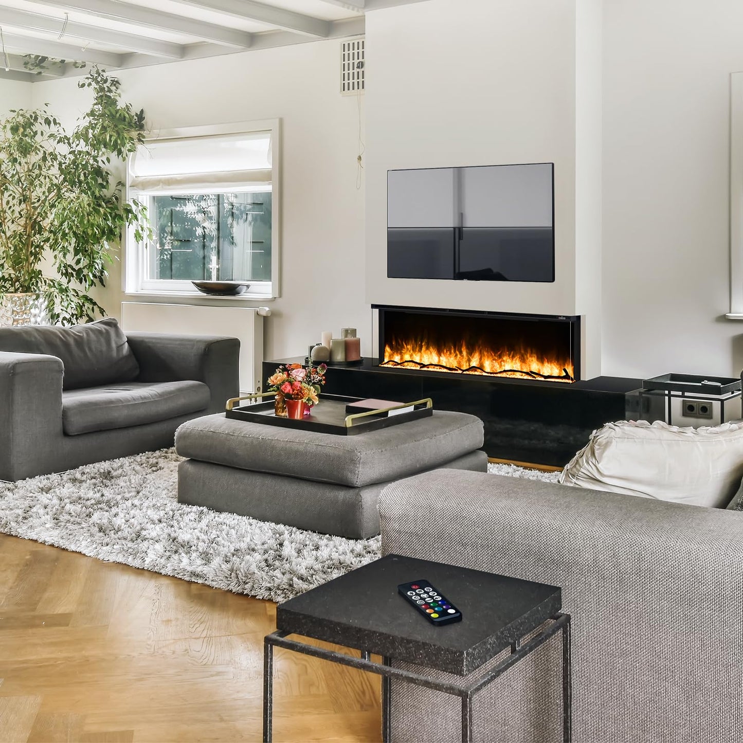 Crumisy 3 Sided Fireplace, 60 inch Fire Place Electric Fireplace Heater, with Realistic Colorful LED Flame, Remote Control, Log and Crystals