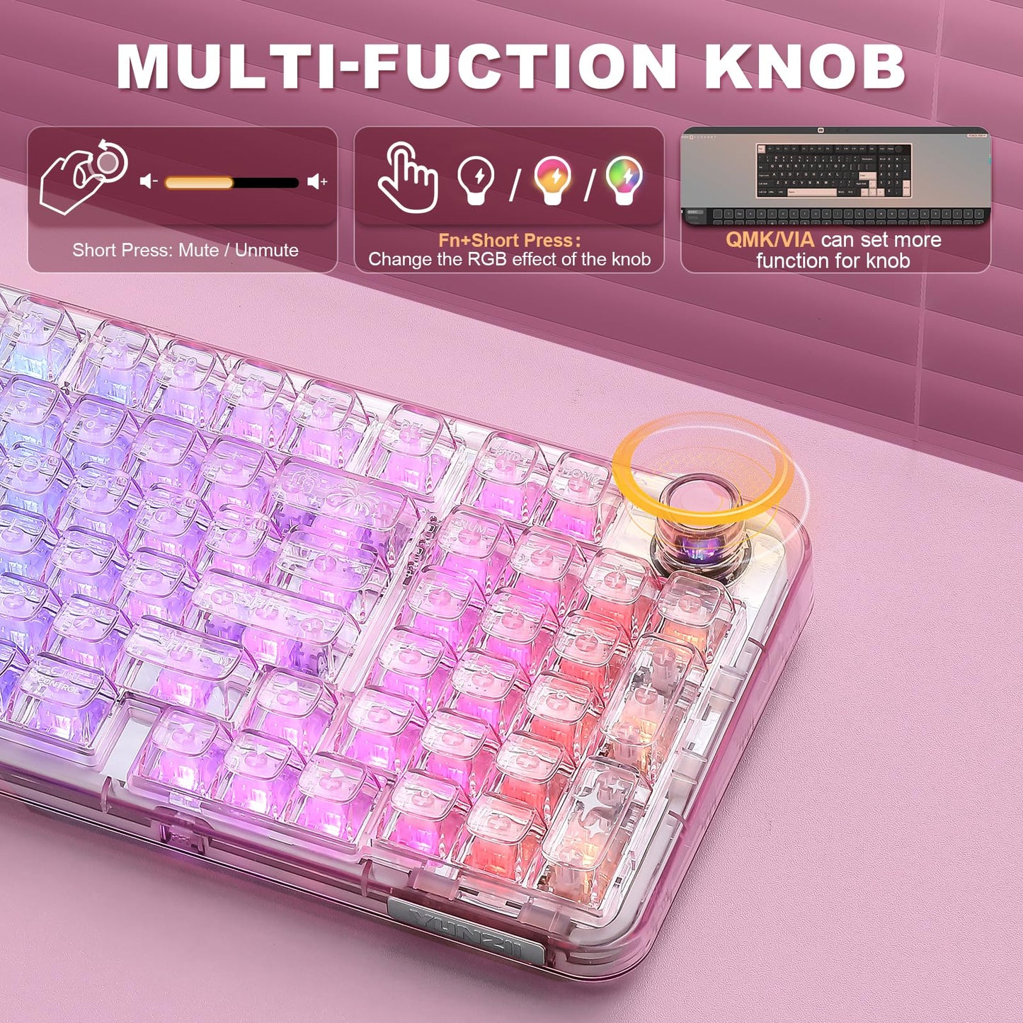 YUNZII X98 QMK/VIA Wireless Mechanical Gaming Keyboard with Knob,Tri-Mode BT5.0/USB-C/2.4GHz Hot Swappable Keyboard,Pre-lubed Switches Gasket Mount RGB Backlit for Wins/Mac (Pink, Snow Switch)