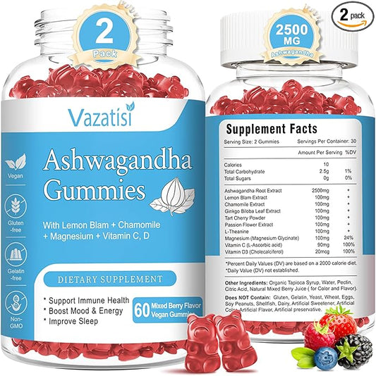 2 Pack Ashwagandha Gummies for Women Men, Sugar Free Organic Ashwagandha Gummies Supplement for Relax Restore Balance, Vegan Gluten Free, 120 Count