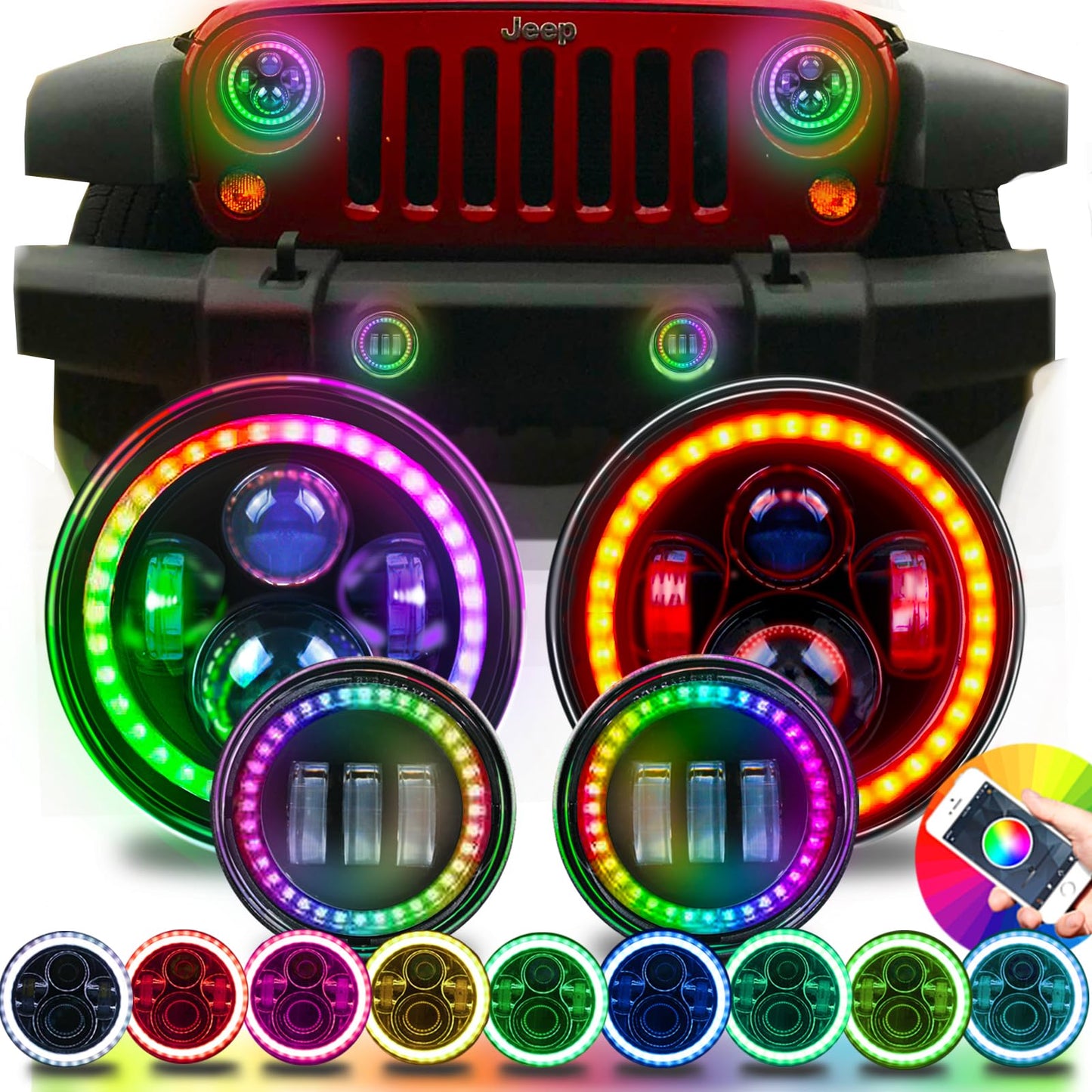 7" RGB Headlights & 4" Fog Lights Combo with Bluetooth Controlled Custom Colors,Music Mode, IP67 Waterproof DOT Kits,for 2007-2018 JK/JKU, 1997-2006 TJ, 2004-2006 LJ, 76-86 CJ