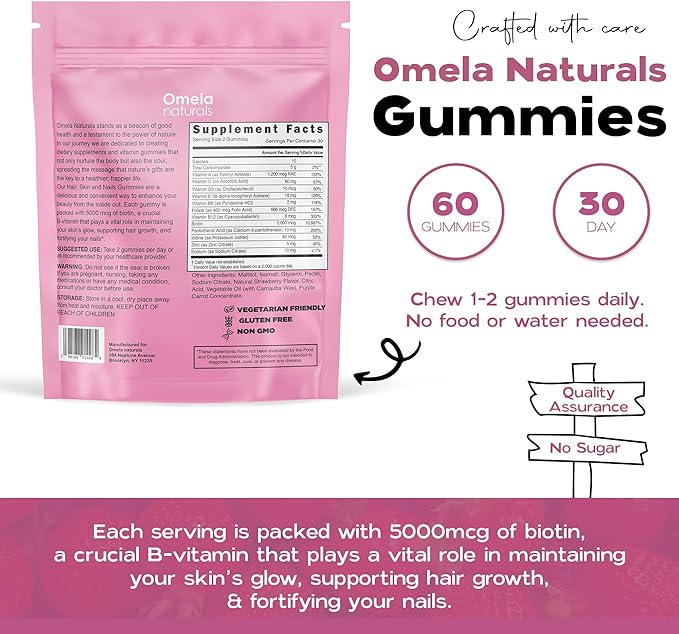 Hair, Skin and Nails Premium Gummies 60ct - Beauty Supplement with 5000mcg Biotin, Vitamins A, C, E, Zinc - Support Hair Growth, Healthy Skin & Strong Nails