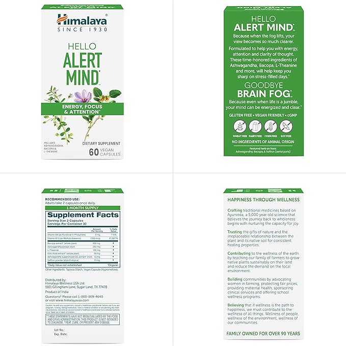 Himalaya Hello Alert Mind with L-Theanine, Ashwagandha, Bacopa, Vitamin B6 & B12, for Energy, Focus & Attention, Vegan, Gluten Free, 60 Capsules