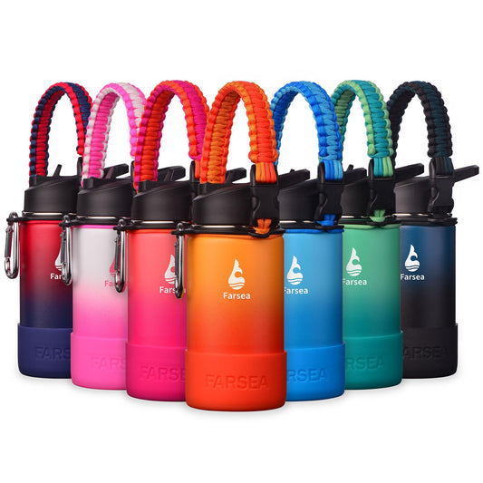 Farsea Insulated Water Bottle With Paracord Handle, Protective Silicone Boot and 2 Lids (Straw Lid & Spout Lid), Stainless Steel Water Bottle Wide Mouth, Double Wall Sweat-Proof BPA-Free,12 oz