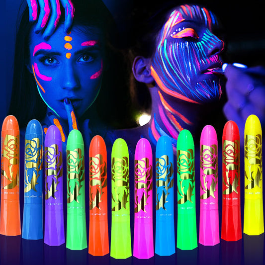 Glow in The Dark Face Body Paint, Glow In The Dark Under UV Black Light Sticks Makeup Neon Face Painting Kits for Adult Halloween Festival Accessory Glow Party Supplies (12 color pen)