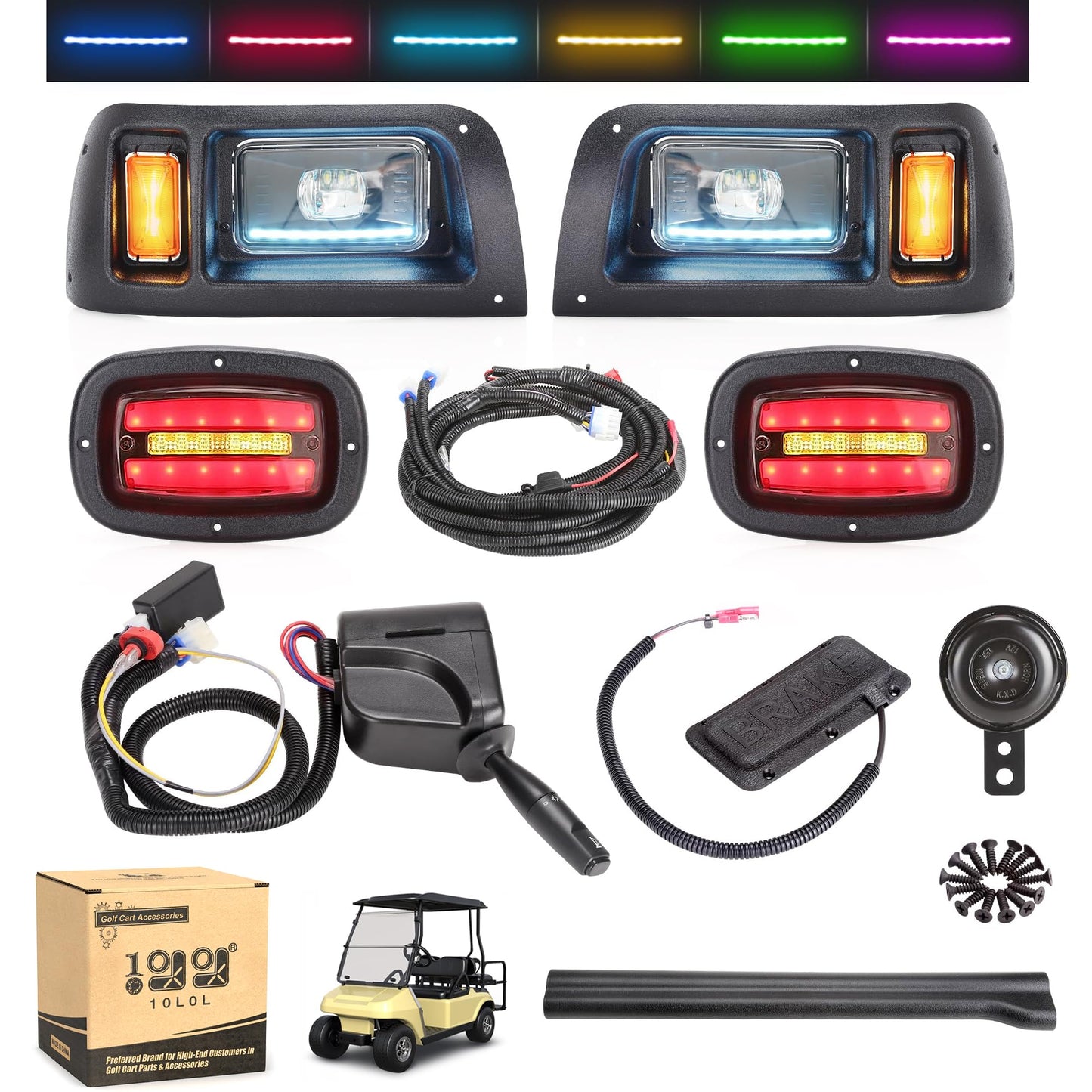 10L0L Deluxe Golf Cart Light Kit for Club Car DS 12V-60V, Full Headlight Taillight Kit with RGB Daytime Running Lamp Low High Beam Turn Signal Horn Brake Pad Hazard Blinker