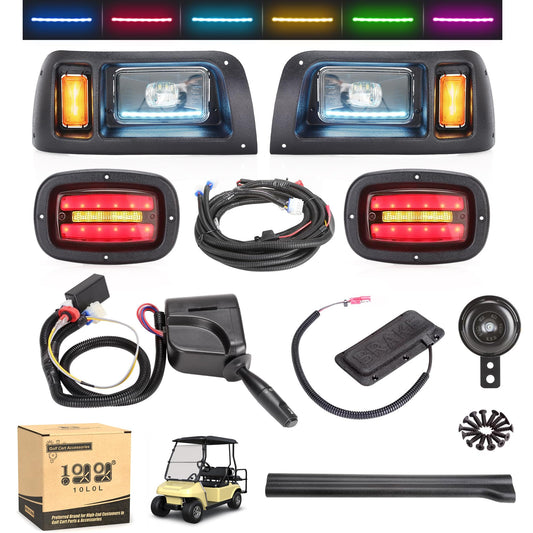 10L0L Deluxe Golf Cart Light Kit for Club Car DS 12V-60V, Full Headlight Taillight Kit with RGB Daytime Running Lamp Low High Beam Turn Signal Horn Brake Pad Hazard Blinker