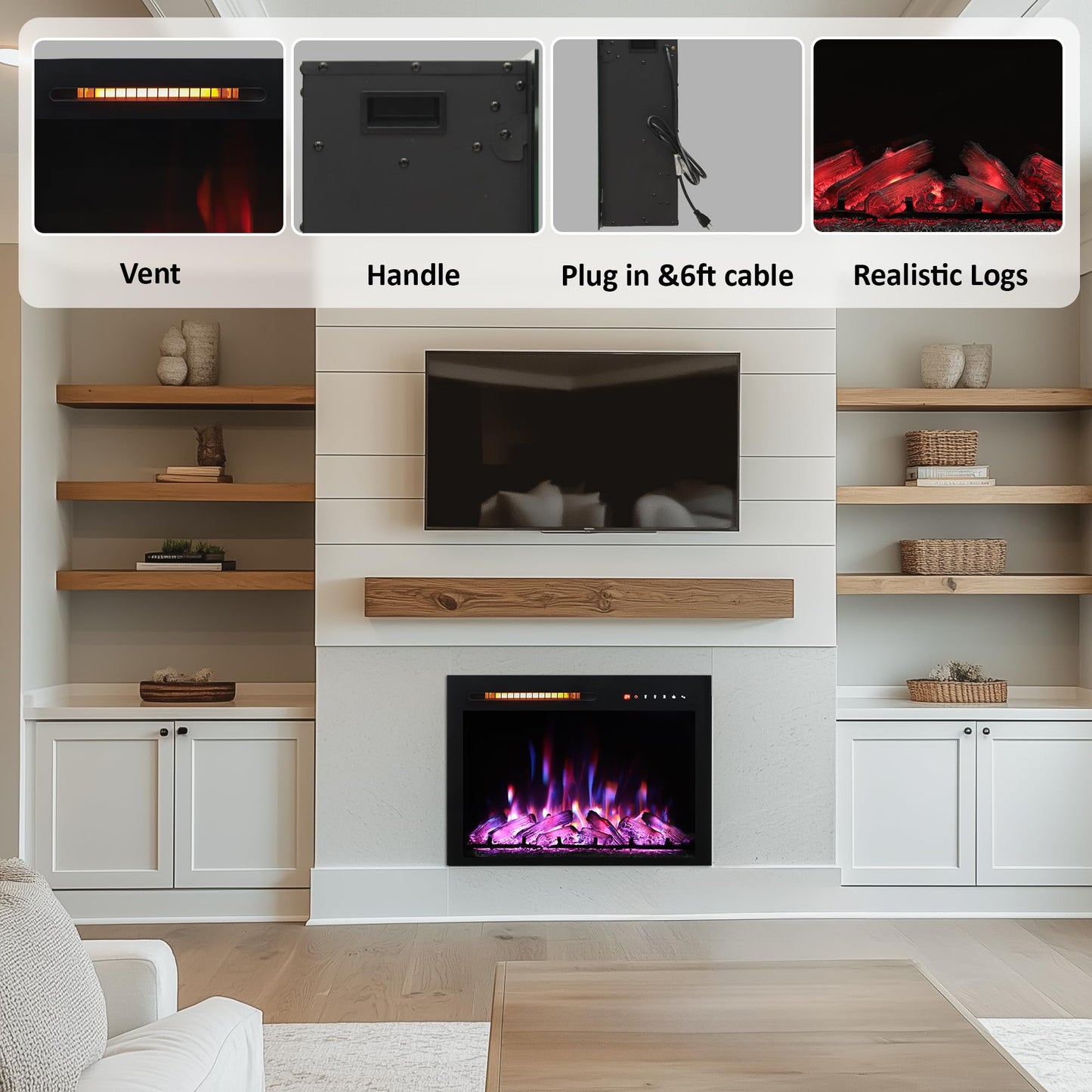 Oxhark Flame 28 in Wall Mounted & Recessed Electric Fireplace Inserts, Electric Fireplace Heater with Remote Control, 6 Levels Brightness, 9H Timer, Black, 1500W/750W