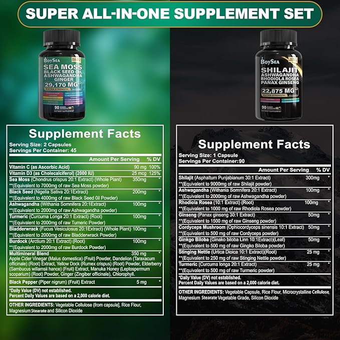 Boysea.Shilajit and Sea Moss Bundle - 90 Count - Sea Moss 7000mg, Black Seed Oil 4000mg, Ashwagandha 2000mg, Ginger & Shilajit 9000mg, Rhodiola Rosea 1000mg, All in 1 Supplements (3 Pack)